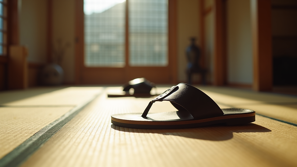 Eye-level view of traditional Japanese sandals on a tatami mat