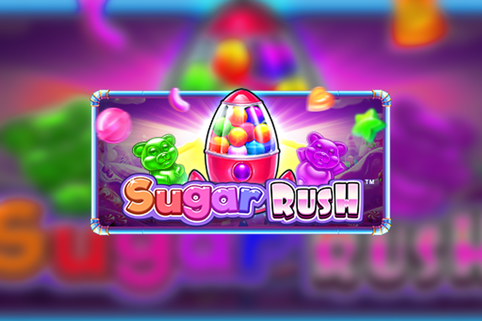 Pragmatic Play ametlik Sugar Rushi mängupilt värvilise maiustusteruudustiku ja Sugar Rush logoga.