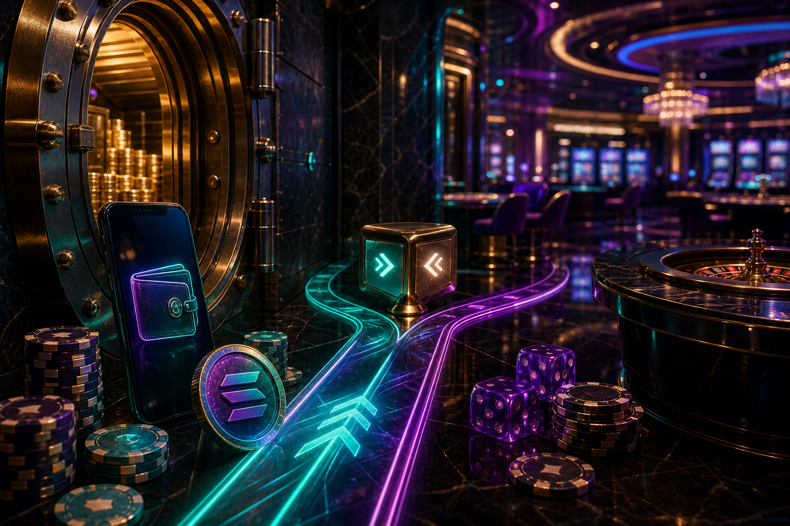 Solana kasiino makseviisi illustratsioon SOL mündi, walleti ja küsimärgiga brändikaardi vahel