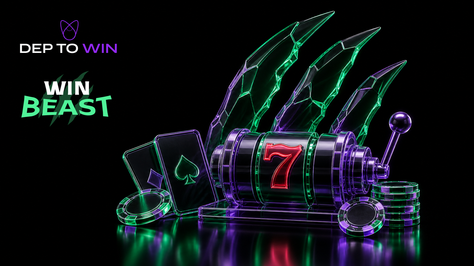 Win Beast Casino Erfahrungen Titelbild mit grünen Glaskrallen, Slotwalze, roter Sieben, Casino-Chips und DepToWin Logo