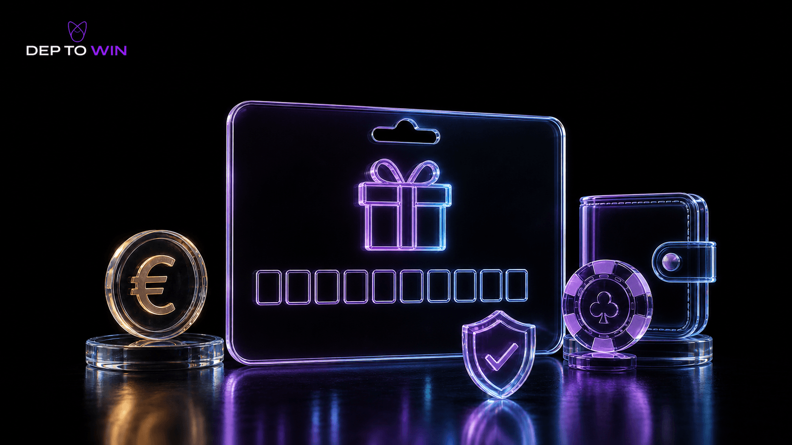 Neosurf Casino Deutschland mit gläsernem Prepaid-Gutschein, zehn PIN-Feldern, Euro-Münze, Wallet, Casino-Chip und Sicherheitsschild