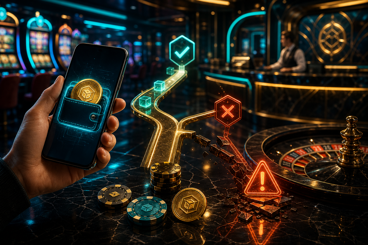 BNB Binance Smart Chain kasiino illustratsioon BEP20 võrgu, walleti ja hoiatava märgiga