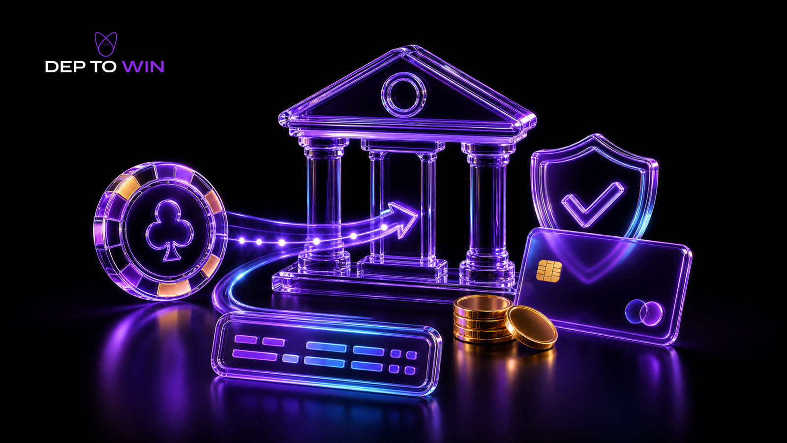 Online Casino Auszahlung auf Bankkonto mit Glas Bank Bankkarte Münzen und Transferpfeil