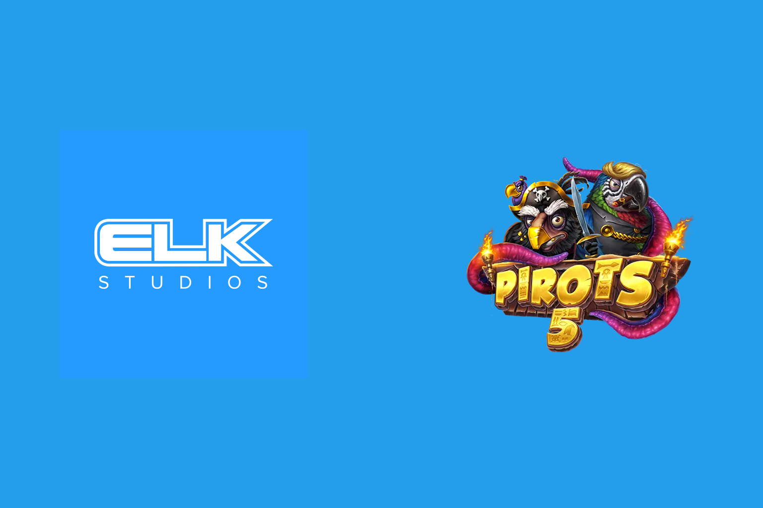 ELK Studiosi ametlik logo ja ametlik Pirots 5 mängukujundus sinisel taustal.