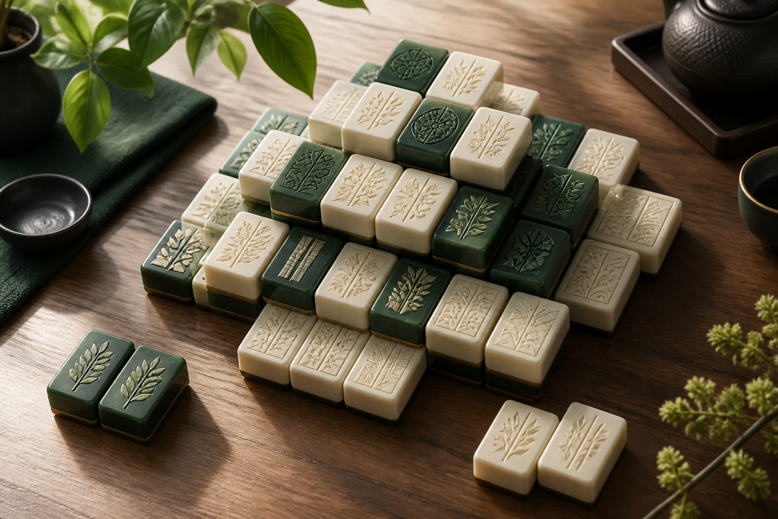 Brändivaba Mahjong Solitaire'i paigutus elevandiluuvärvi lehemustriliste klotsidega rohelisel laual.