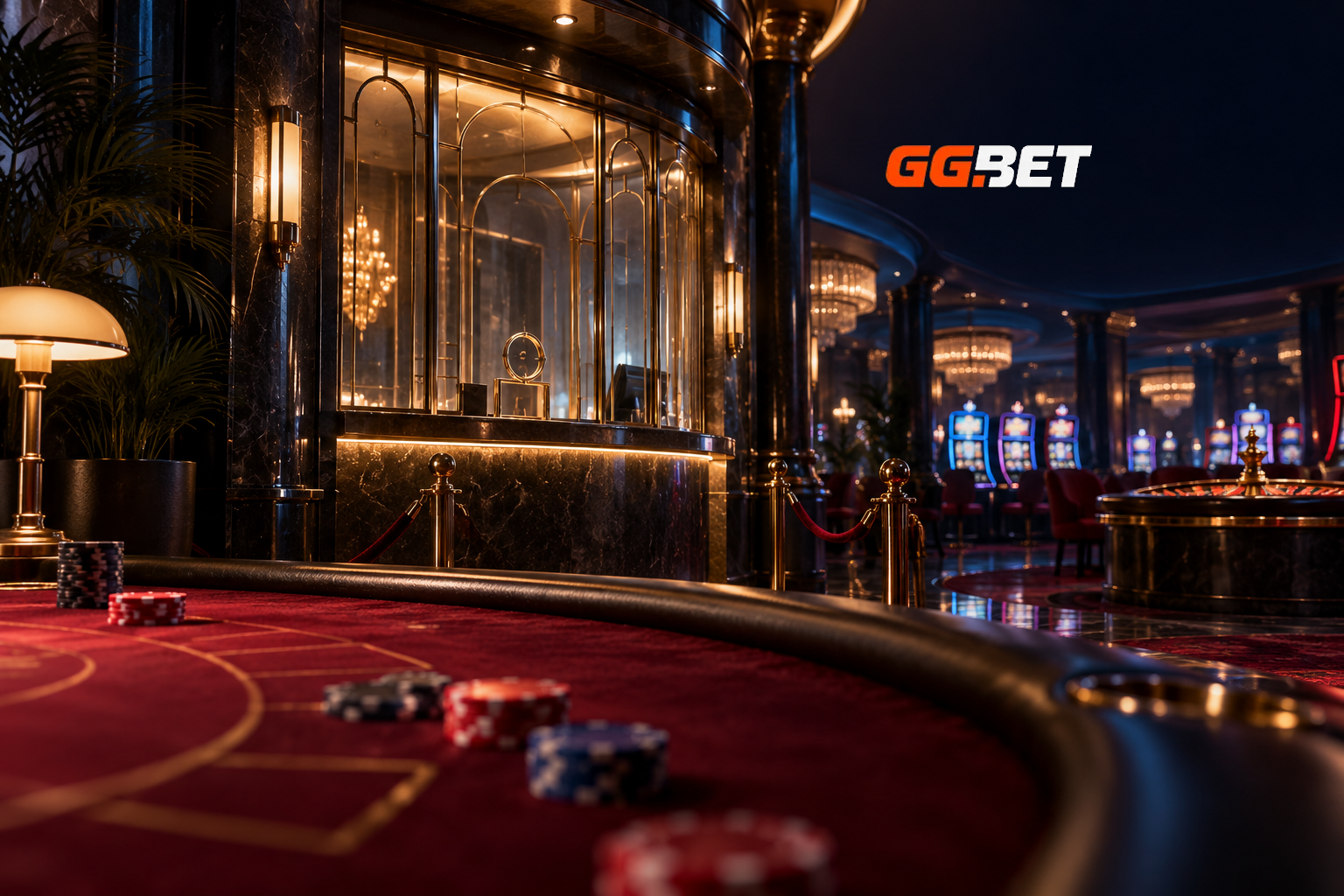 GGBeti ametlik logo kasiino kassapaviljoni ja blackjack-laua kohal