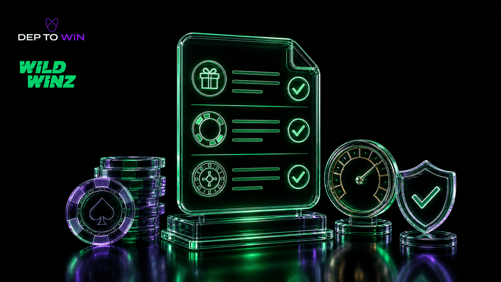 WildWinz Bonusbedingungen mit originalem WildWinz Logo, gläsernem Geschenk, 30x Anzeige, 5 EUR Max Bet Chip, Freispiele-Symbol und Checkliste