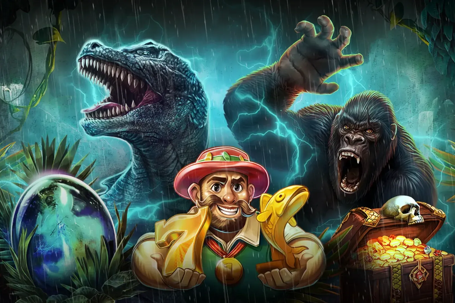 Red Tiger Gamingu ametlik praegune mängukollaaž dinosauruse, gorilla ja seikleja tegelaskujudega.