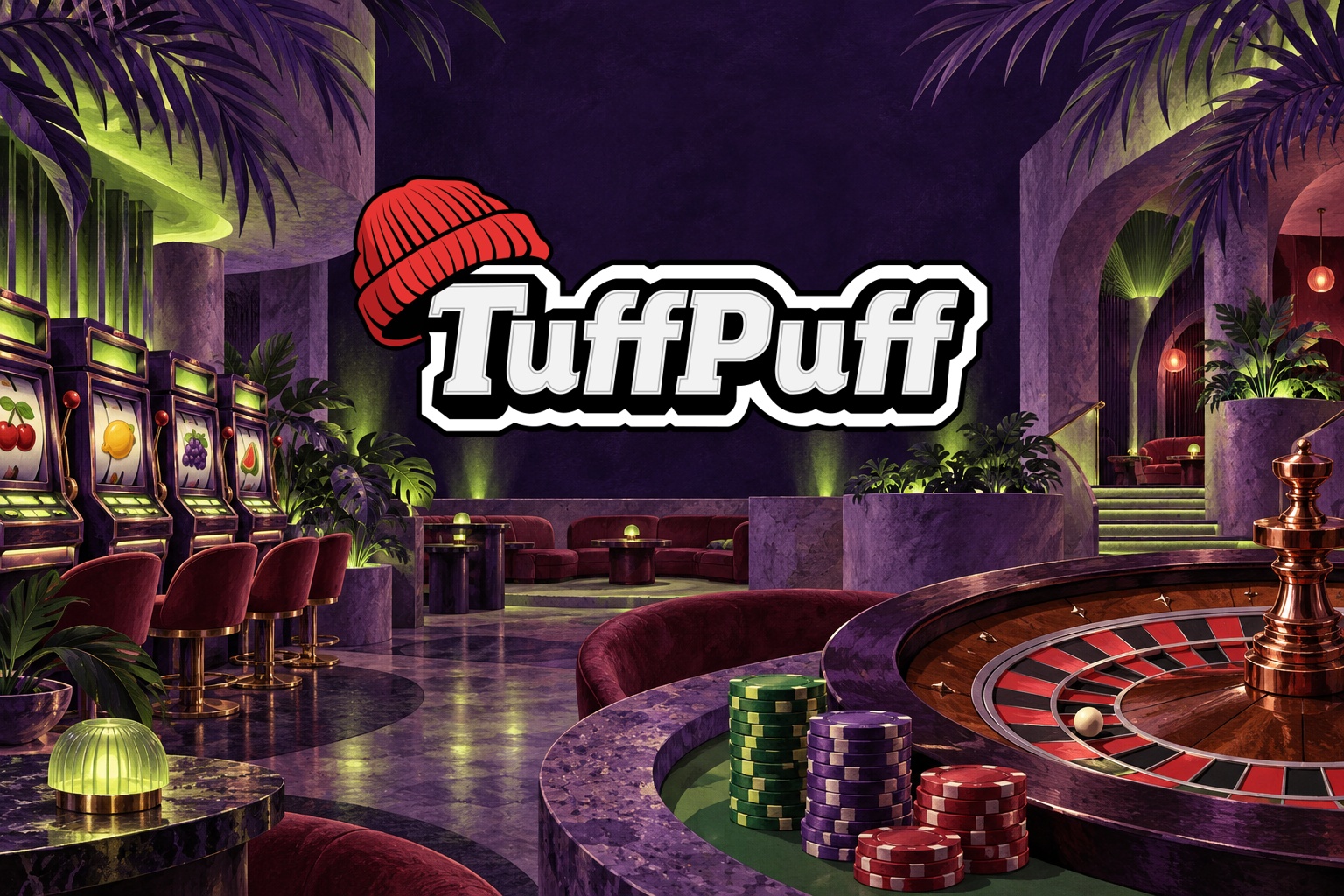 TuffPuff Casino ametlik logo lillades ja laimirohelistes toonides kasiinoillustratsioonil