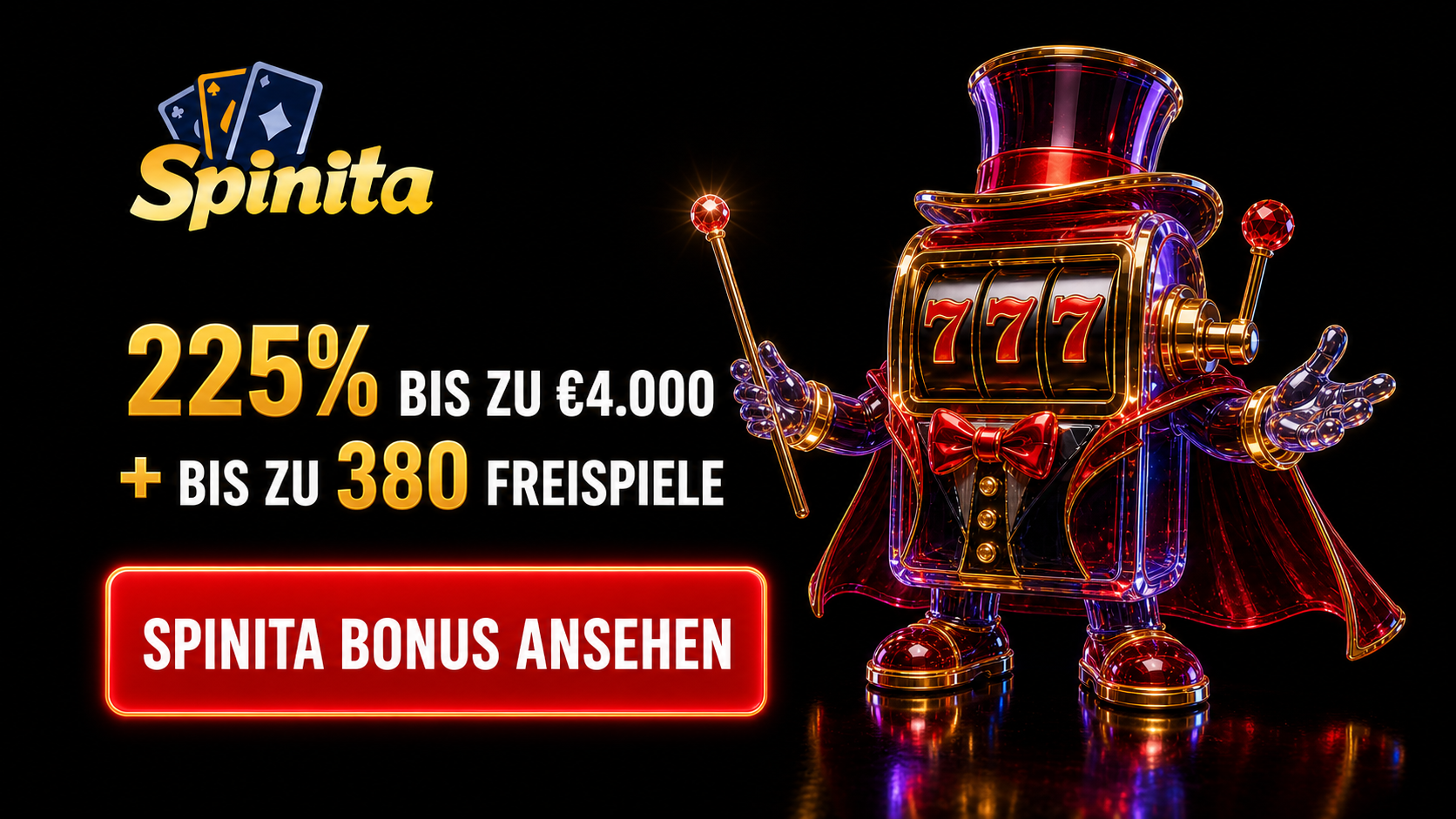 Spinita Casino Bonus: 225% bis zu 4.000 EUR plus bis zu 380 Freispiele - Spinita Bonus ansehen
