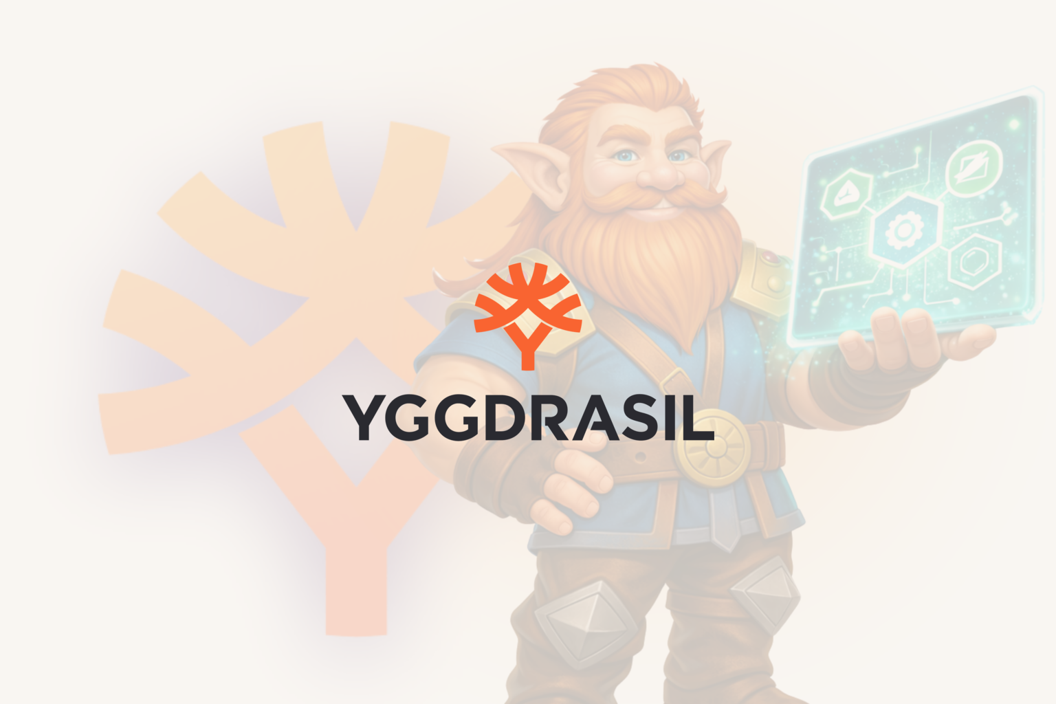 Yggdrasili ametlik logo ja ametlik stuudiotegelase kujundus heledal kaanepildil.