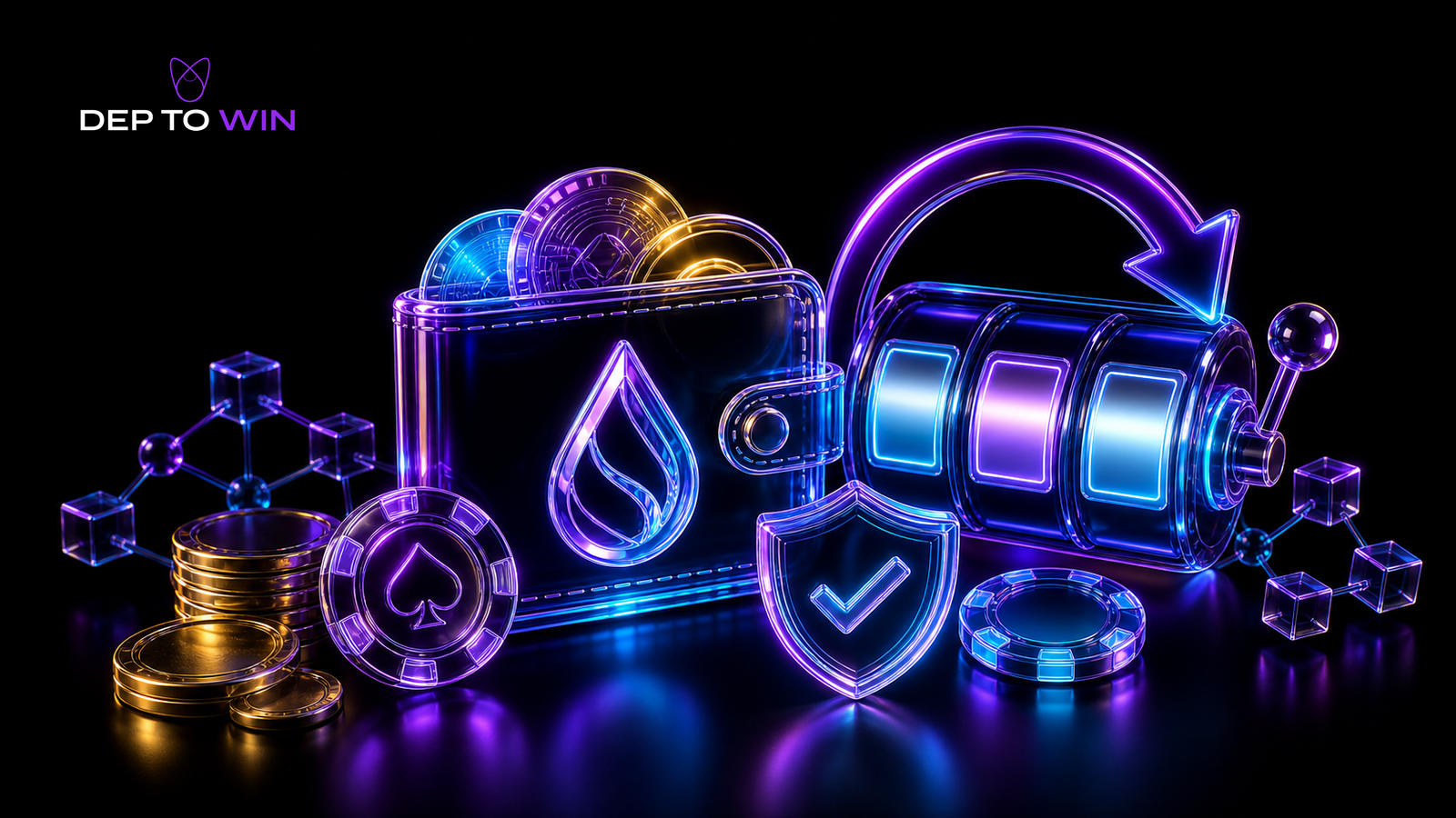 Krypto Casino mit Freispielen mit Glas Wallet Slot Walze Bonuspfeil Blockchain Münzen und Sicherheitsschild