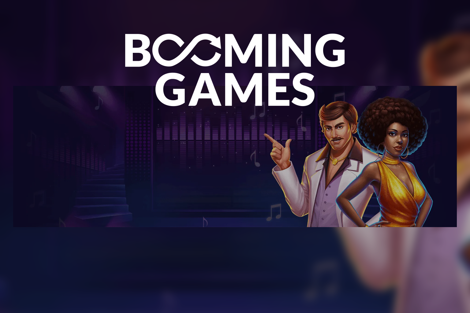 Booming Gamesi ametlik logo ja mängustuudio ametlik tegelaskuju sinakaslillal kaanepildil.