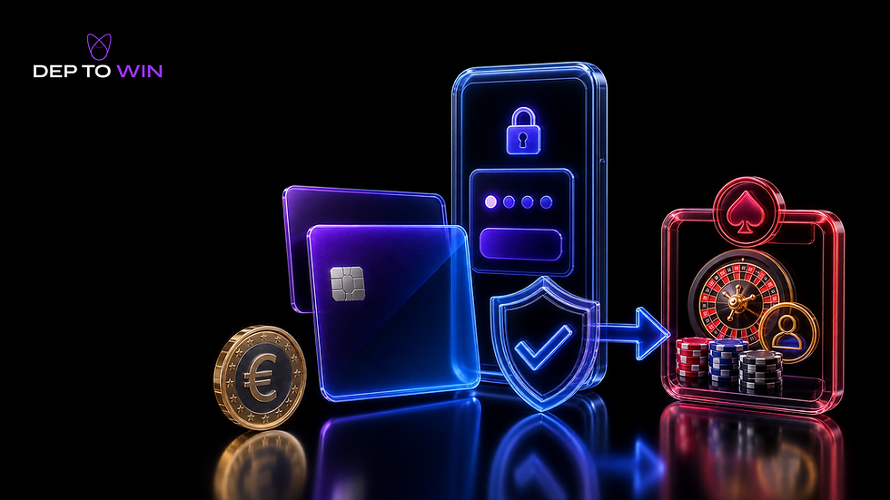 Online Casino mit Kreditkarte als gläserne Visa- und Mastercard-neutrale Karten, Euro-Münze, 3-D-Secure-Schild und Casino-Transfer
