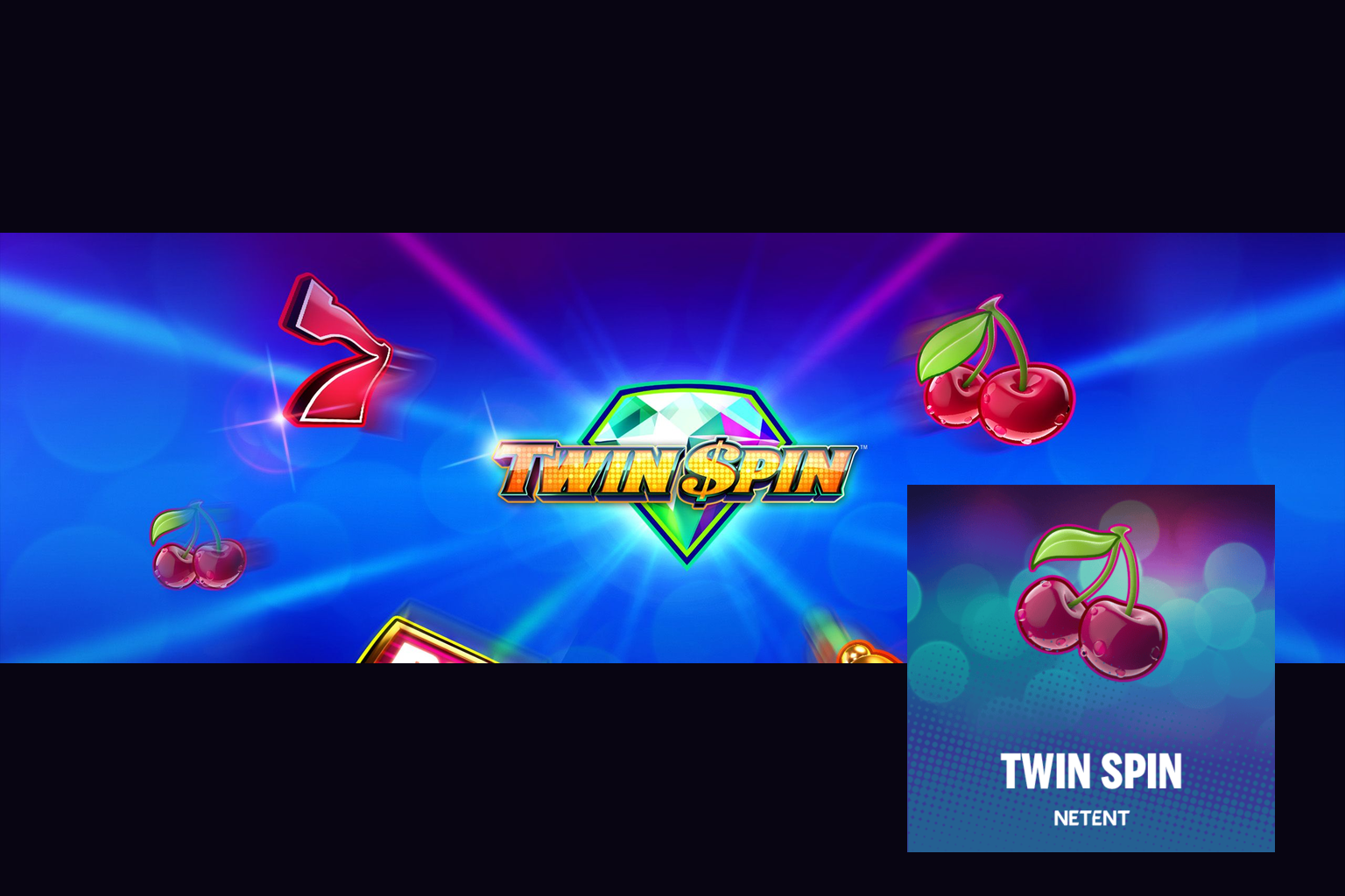 NetEnti ametlik Twin Spini logo ja mängukujundus tumedal toimetuslikul kaanepildil.