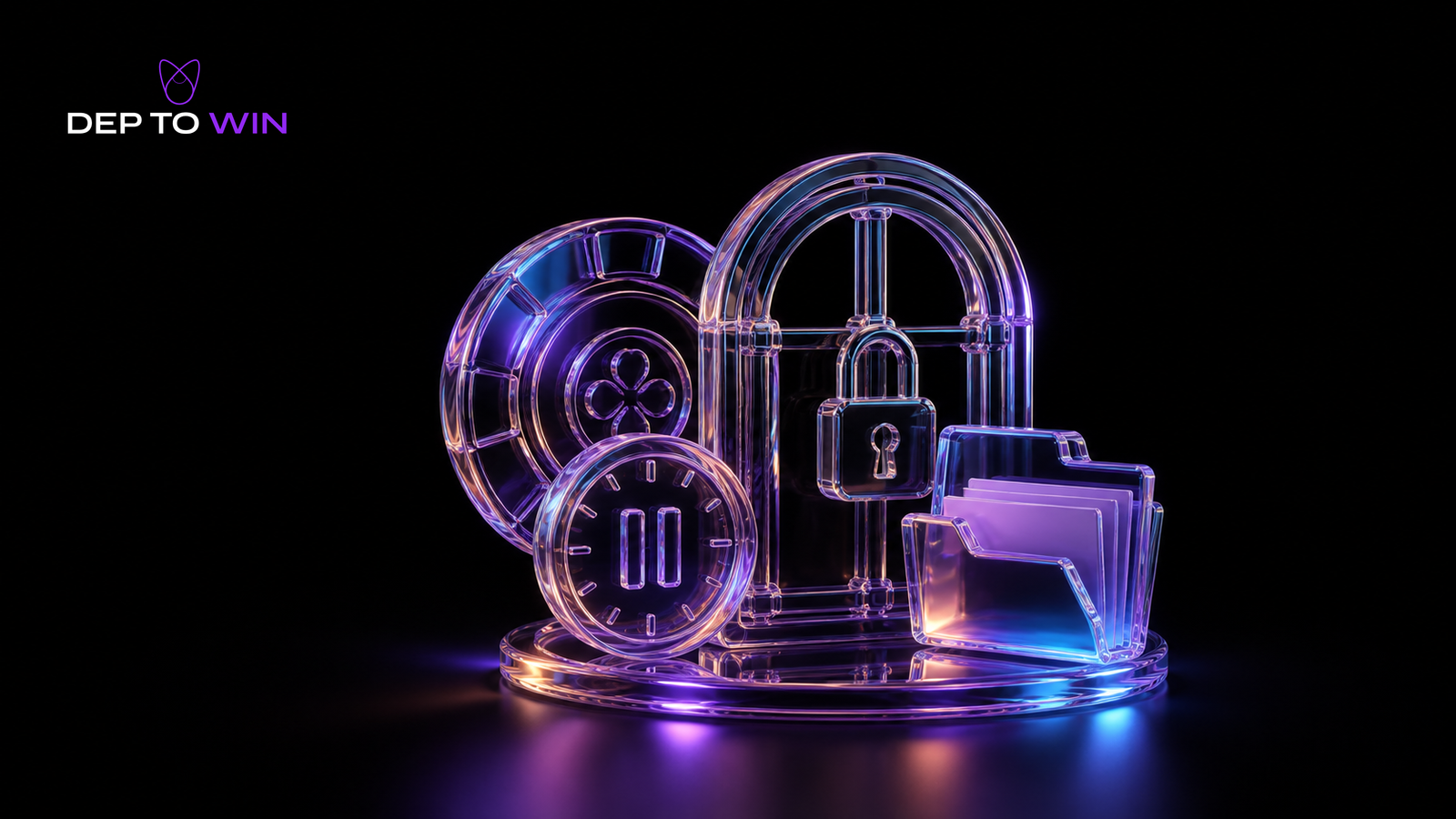 TS Casino Auszahlung mit geschlossenem Glastor, Casino-Chip, pausierter Uhr und Dokumentenordner