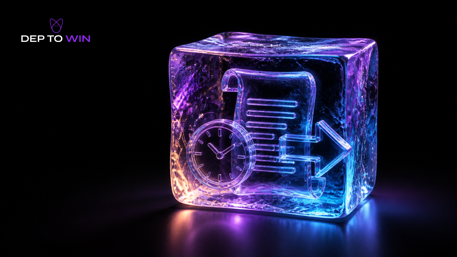 Ice Casino Auszahlung mit gefrorenem Glaswürfel, Zahlungsbeleg, Uhr und Auszahlungspfeil