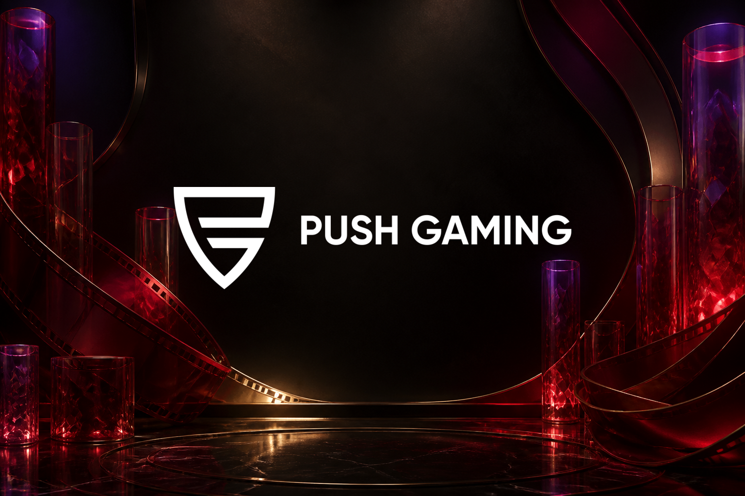 Push Gamingu ametlik valge logo muutmata kujul tumepunasel ja mustal tootekontrolli taustal.