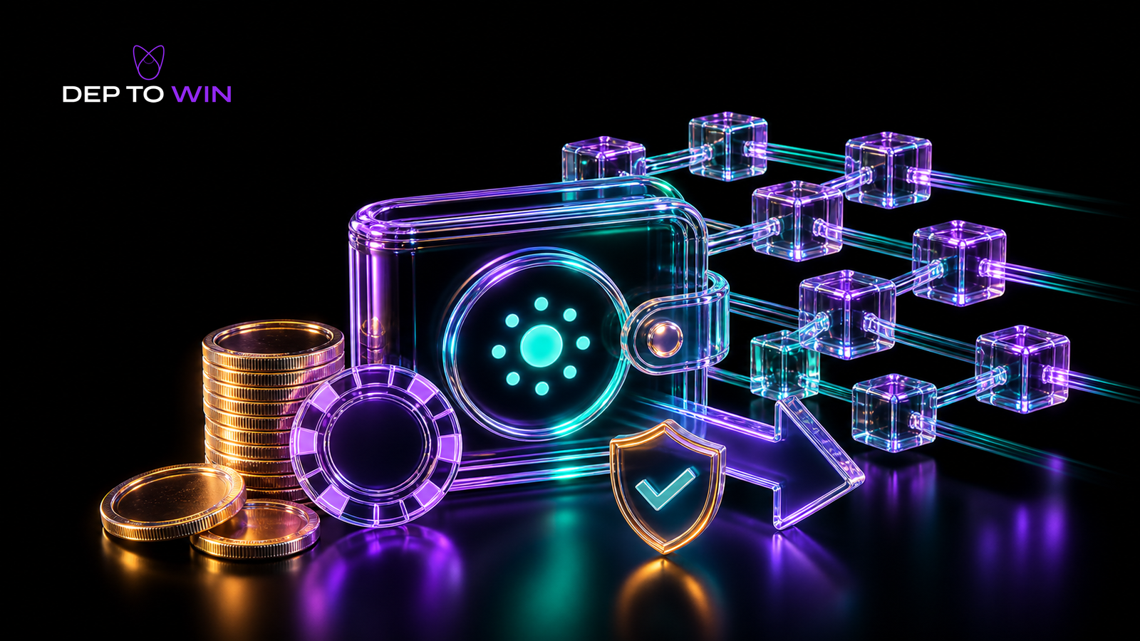 Kaspa Casino 2026 mit Glas Wallet BlockDAG Netzwerk Auszahlungspfeil Münzen und Sicherheitsschild