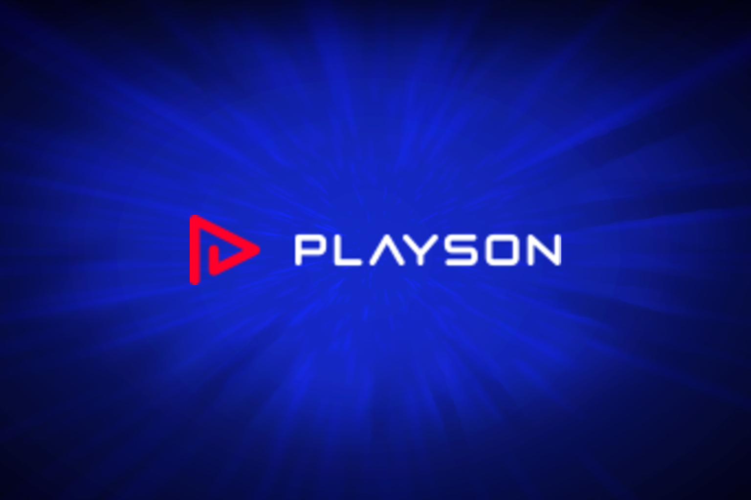 Playsoni ametlik valge-punane logo ametlikul sinisel mängukujunduse taustal.