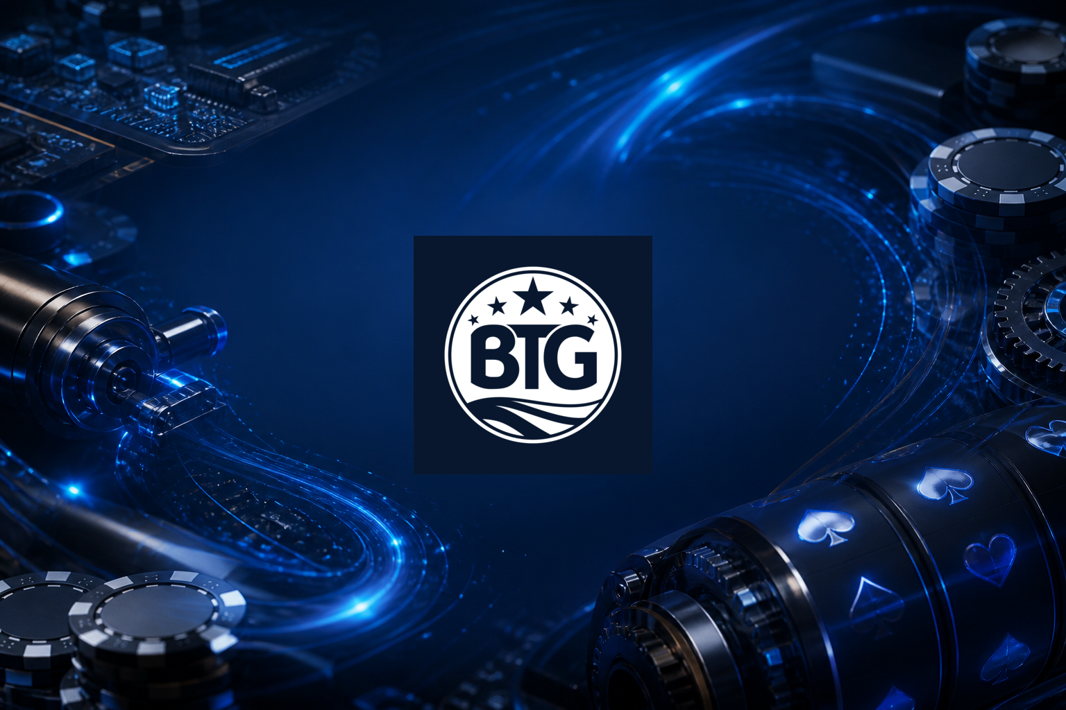 Big Time Gamingu ametlik valge logo muutmata kujul sügavsinisel tehnoloogilisel mängustuudio taustal.