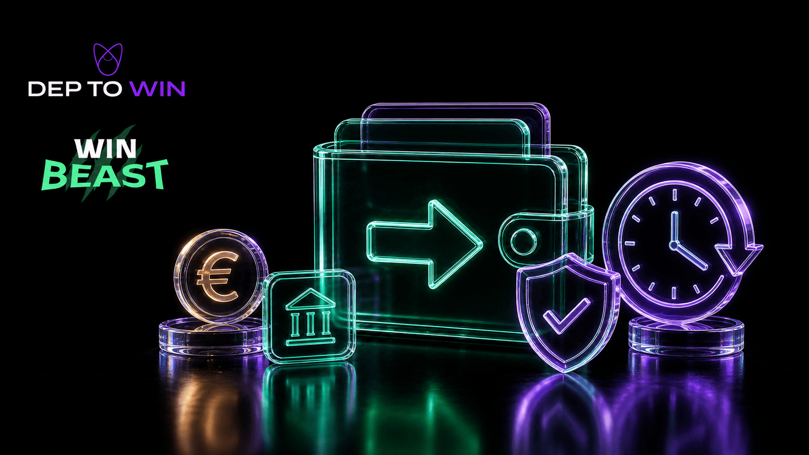 Win Beast Auszahlung mit originalem Win Beast Logo, gläserner Wallet, Bankkarte, Uhr, KYC-Schild und grüner Bestätigung auf schwarzem Hintergrund