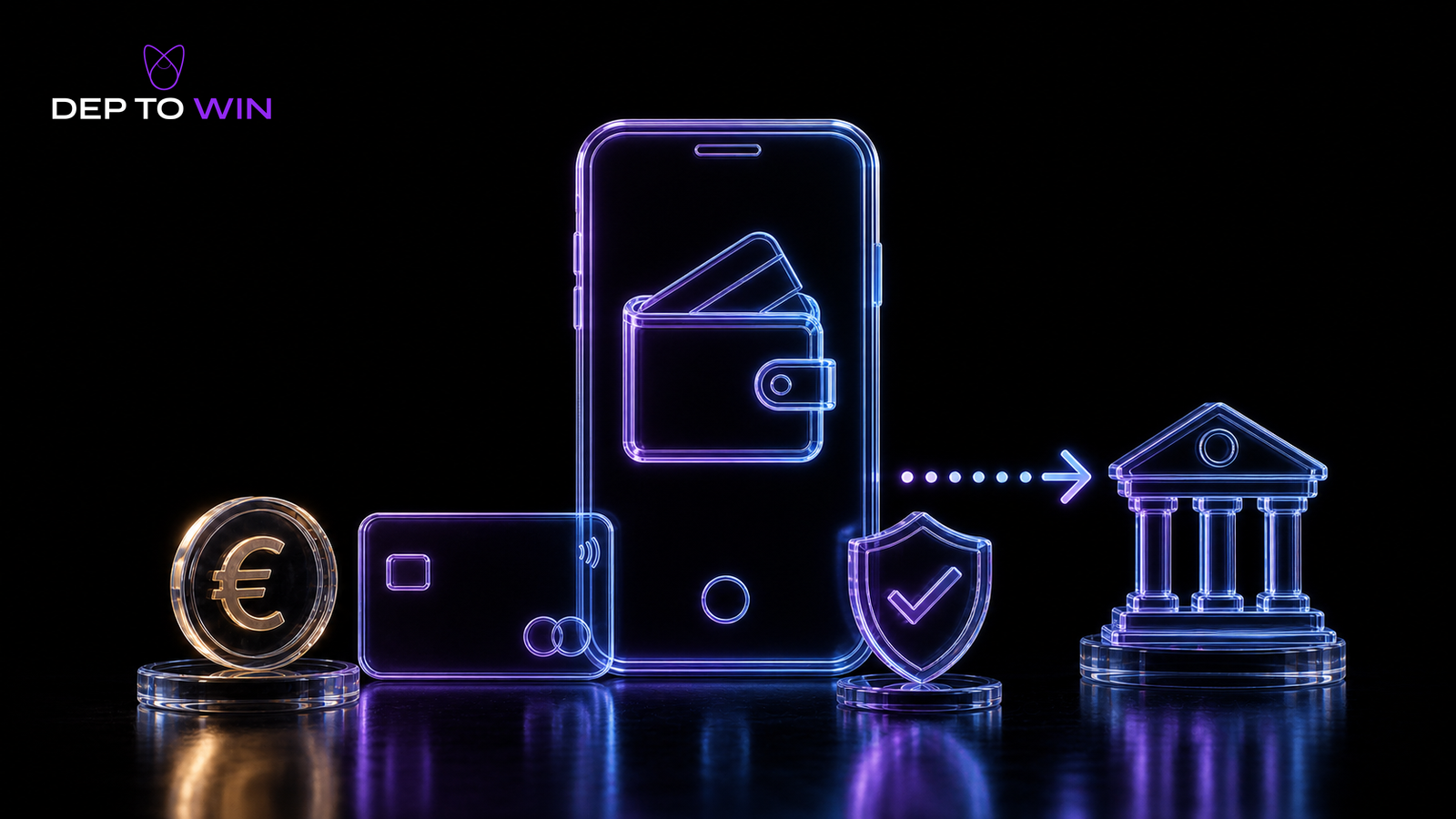 Aircash Casino Deutschland mit gläsernem Smartphone-Wallet, Euro-Münze, Zahlungskarte, Sicherheitsschild und Überweisung zur Bank