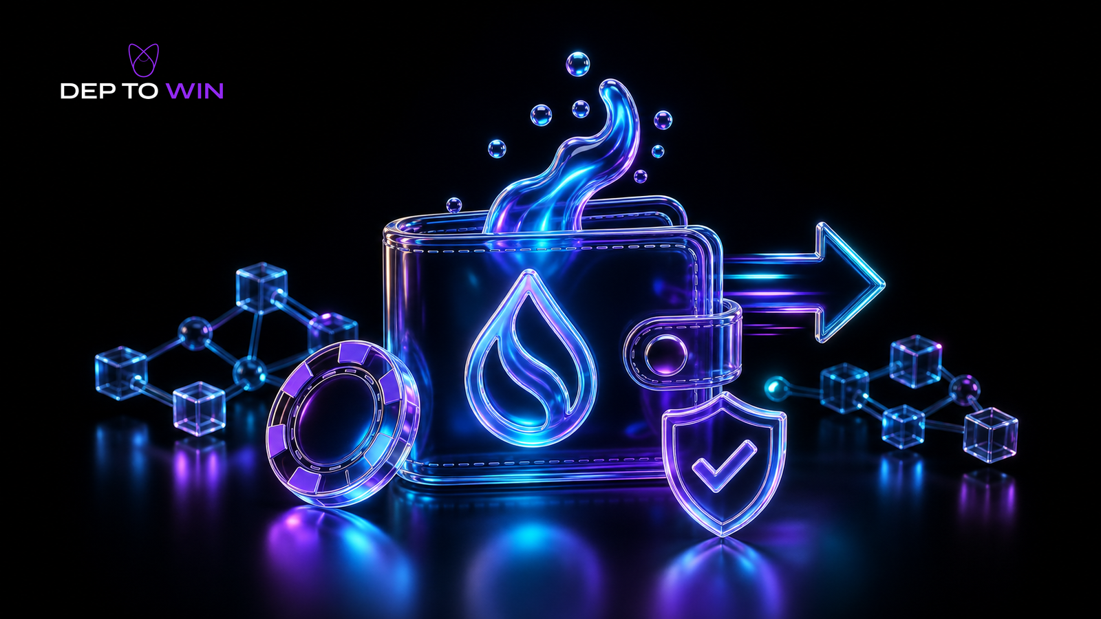 Sui Casino 2026 mit Glas Wallet SUI Wasser Symbol Auszahlungspfeil Münzen und Sicherheitsschild