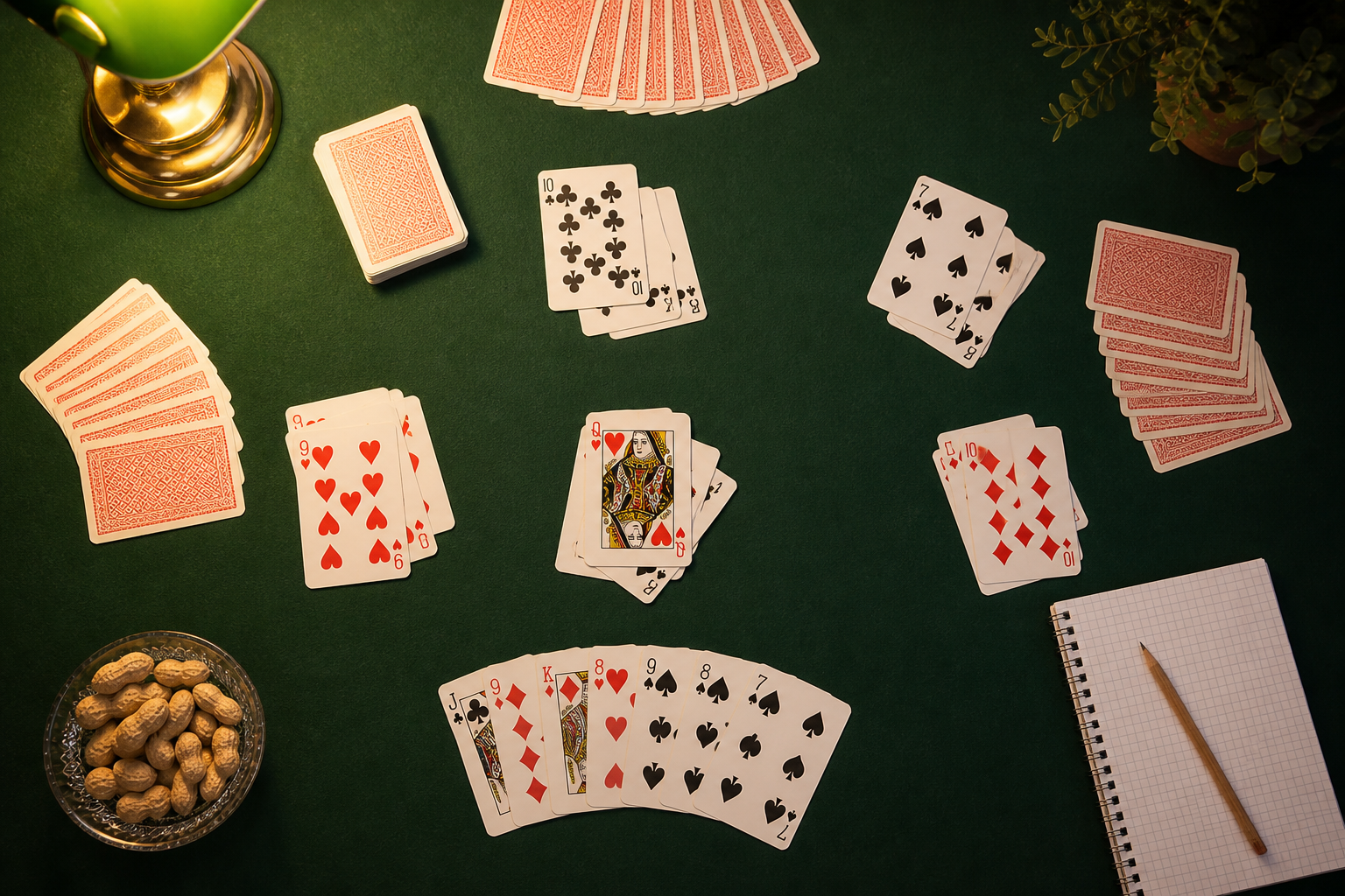 Brändivaba Hiina turaka kodune kaardilaud rohelisel vildil mängukaartide, märkmiku ja pliiatsiga.