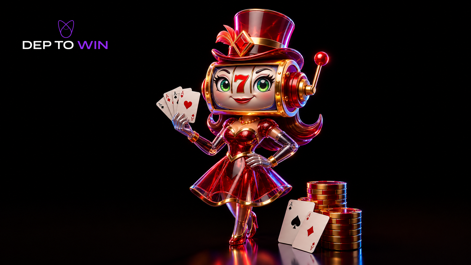 Spinita Casino Erfahrungen mit roter Glas-Slot-Magierin, Spielkarten, Casino-Chips und DepToWin Logo