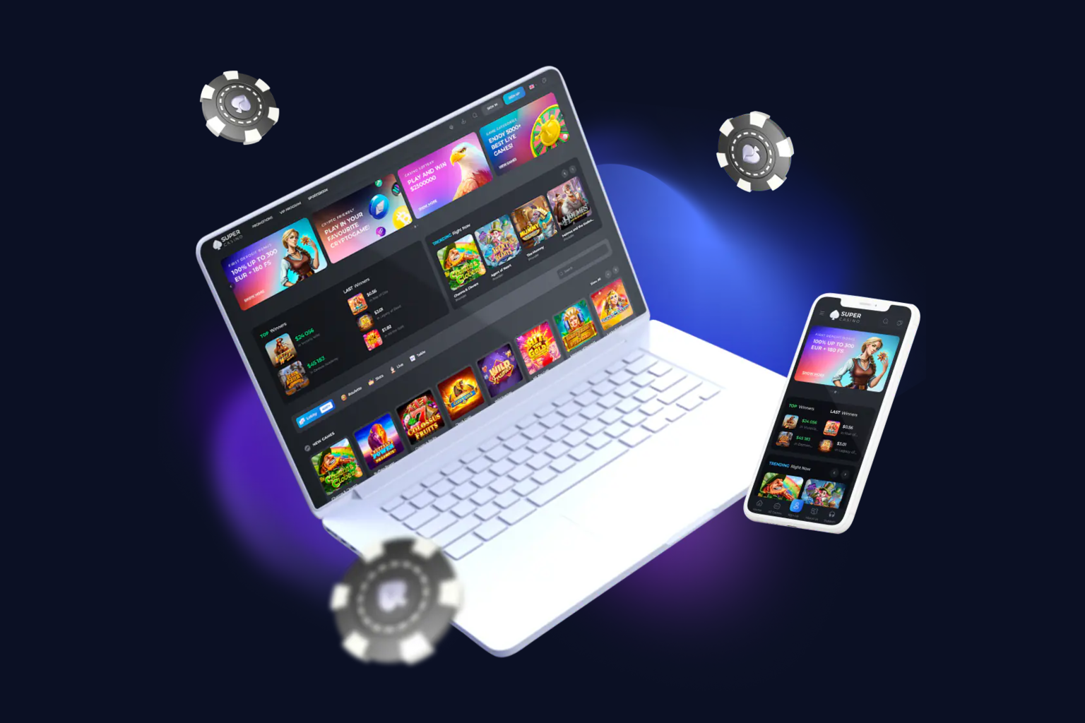 SuperCasino ametliku partnerprogrammi tootepilt arvuti ja mobiilivaatega