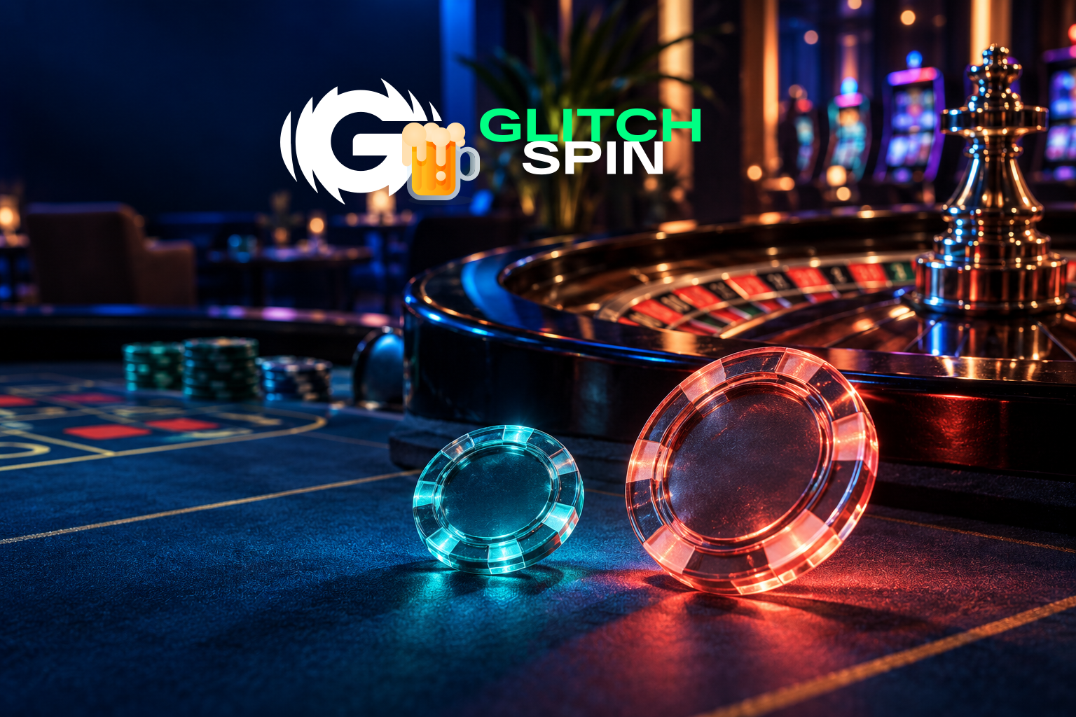 Glitch Spin ametliku logoga kasiino ruletilaud ning kaks eri värvi mängumärki 5% ja 100% boonuse valiku kujundina