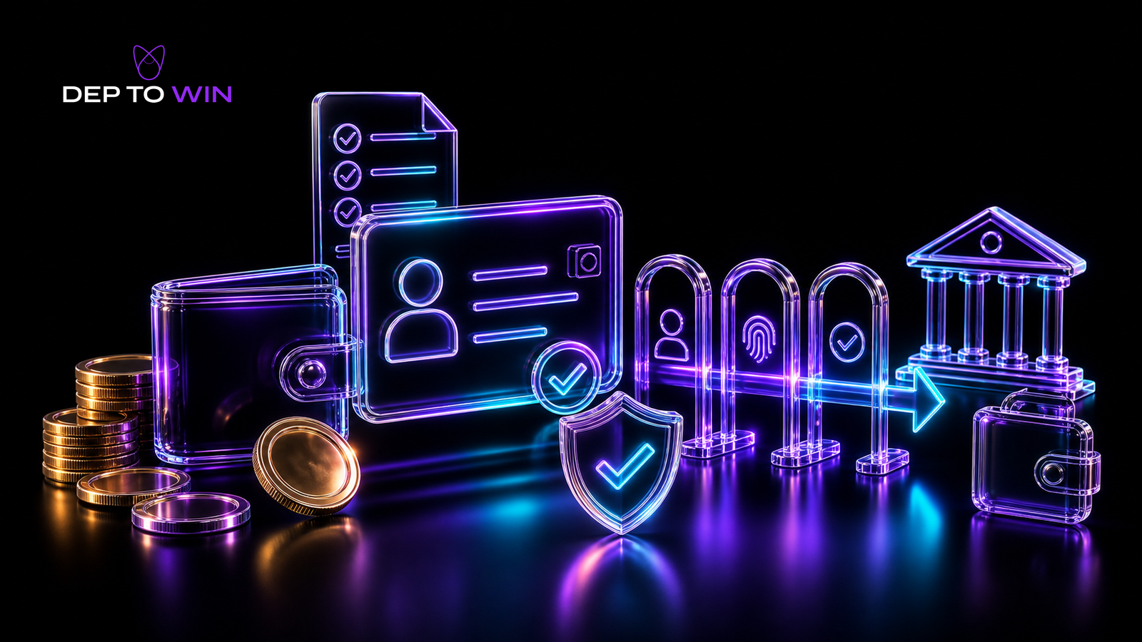 Online Casino Auszahlung nach KYC mit Glas ID Karte Checkmark Wallet Bank Auszahlungspfeil und Sicherheitsschild