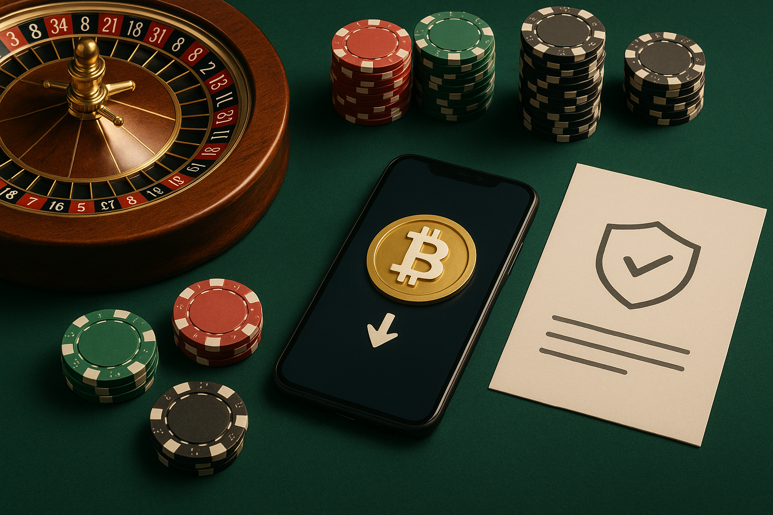 Krüptokasiino teema illustratsioon ruletiratta, krüptomüntide ja turvakontrolli vihjega