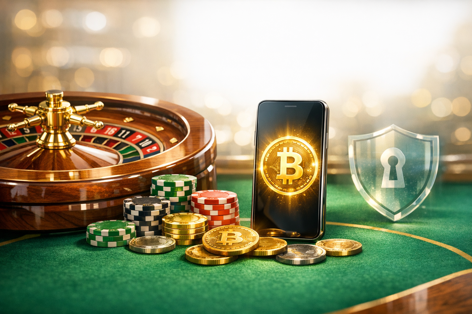 Heledam krüptokasiino illustratsioon ruleti, krüptomakse ja privaatsuse sümbolitega