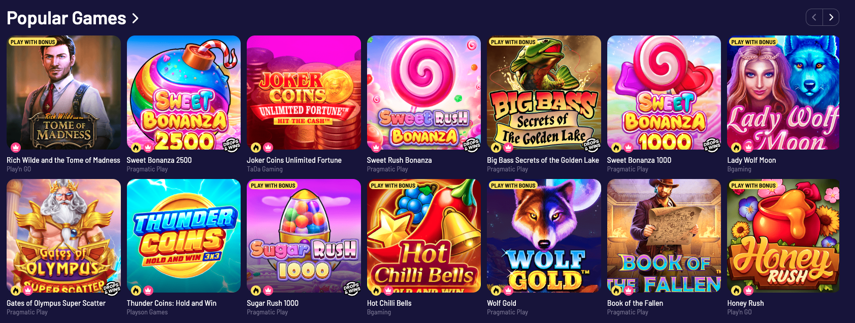 TuffPuffi populaarsete mängude lai vaade: Sweet Bonanza 2500, Tome of Madness, Sugar Rush 1000 ja teised