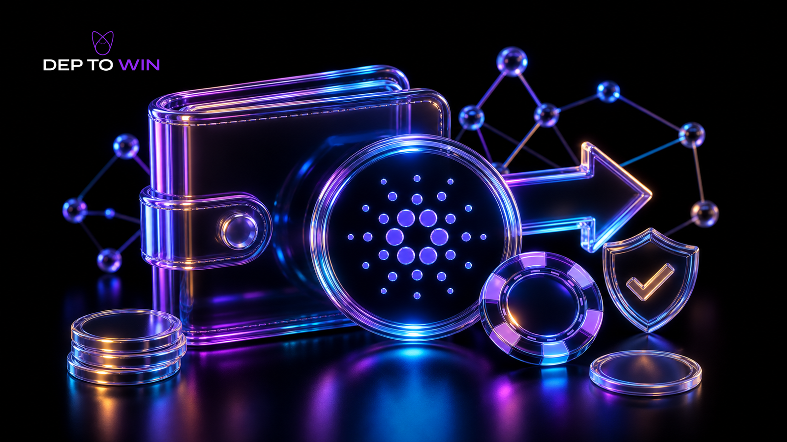 Cardano Casino 2026 mit Glas Wallet ADA Orbital Symbol Auszahlungspfeil Münzen und Sicherheitsschild