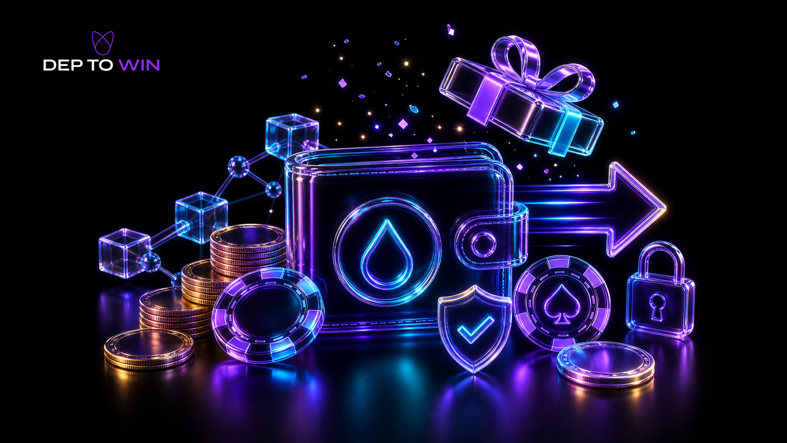 Krypto Casino No Deposit Bonus mit Glas Wallet Geschenkbox Blockchain Münzen und Sicherheitsschild