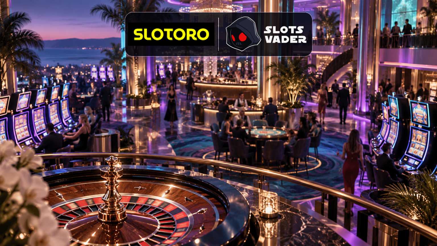 Slotoro ja Slots Vaderi originaallogod valgusküllase kasiinosaali ja ruletilaua kohal