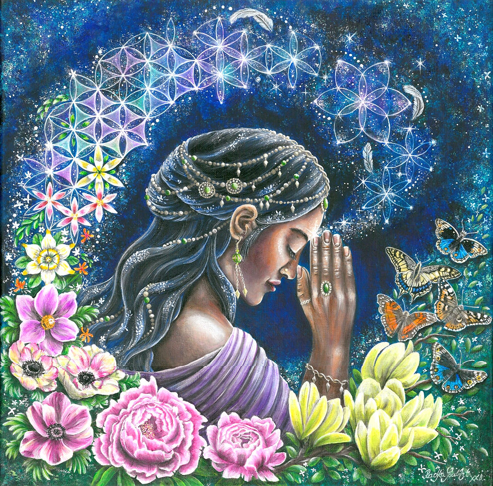 Original artwork 'Prayer Arising' by Radka SoulArt. Woman in prayer manifesting Flower of Life, flowers and butterflies