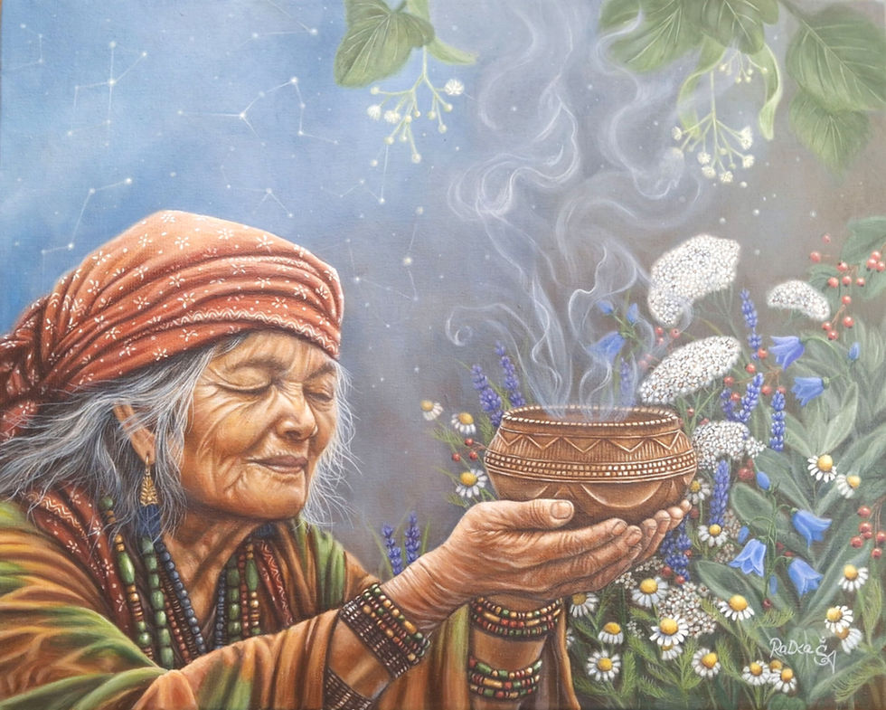 Original Artwork 'A Gift of the Elders', by Radka SoulArt, curandera, elder woman with healing herbs