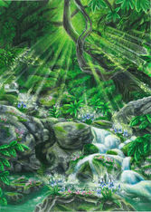 Artwork for sale, Empowerment, Radka SoulArt, artist Tenerife, Canary Islands, acrylic painting, card deck, Cards of Alignment by Radka SoulArt, empower yourself, power of nature, healthy habits, waterfall, green, sunrays through trees