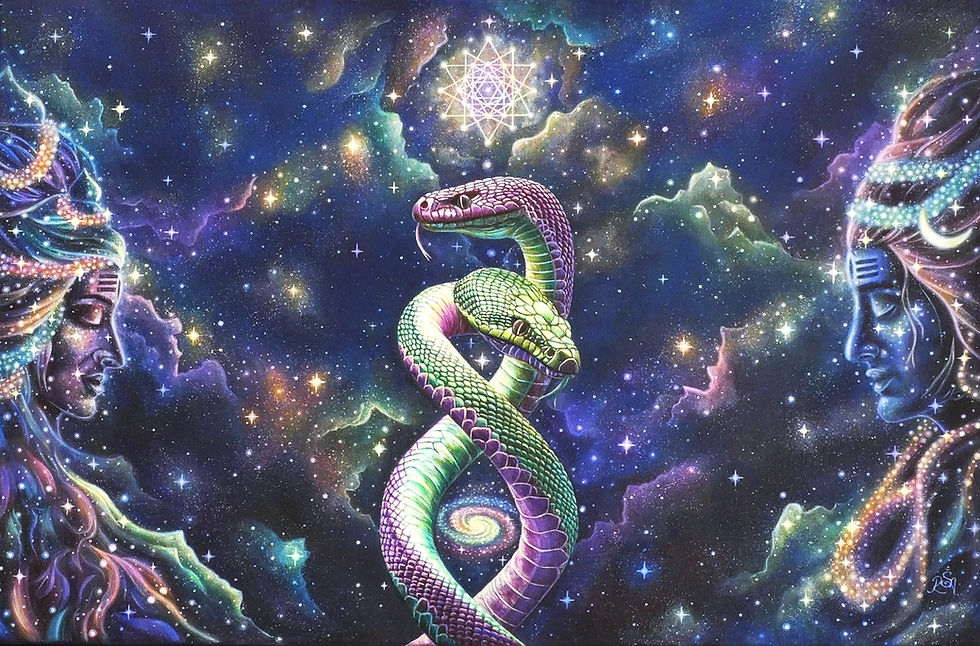 Fine Art Paper Print 'Celestial Dance', by Radka SoulArt. Two snakes spiraling in cosmic background between Shiva and Shakti