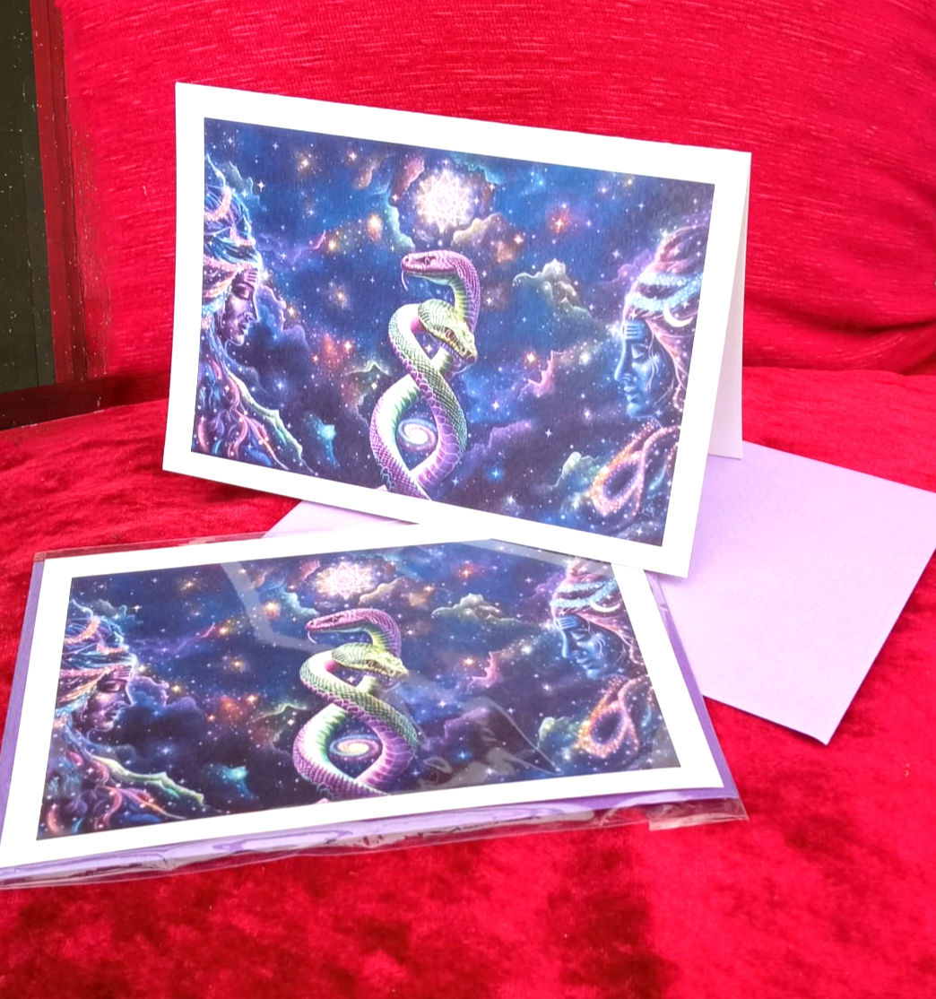 Greeting Card'Celestial Dance', by Radka SoulArt. Two snakes spiraling in cosmic background between Shiva and Shakti