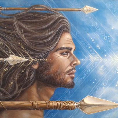 A calm male figure set against a radiant sky, with flowing hair, arrows, and subtle geometric lines expressing direction, clarity, and inner knowing.