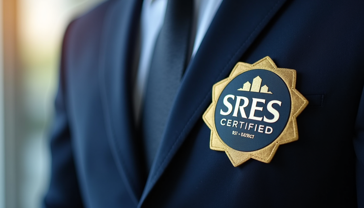 Close-up view of a real estate agent’s SRES certification badge