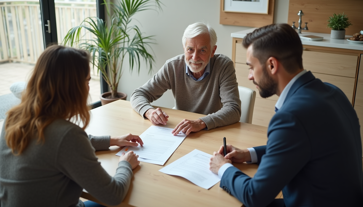 High angle view of a senior couple reviewing home sale documents with an agent