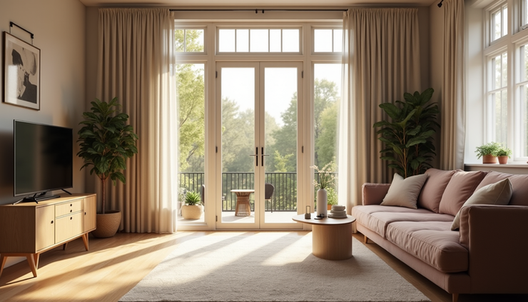 Eye-level view of a cozy living room with senior-friendly features