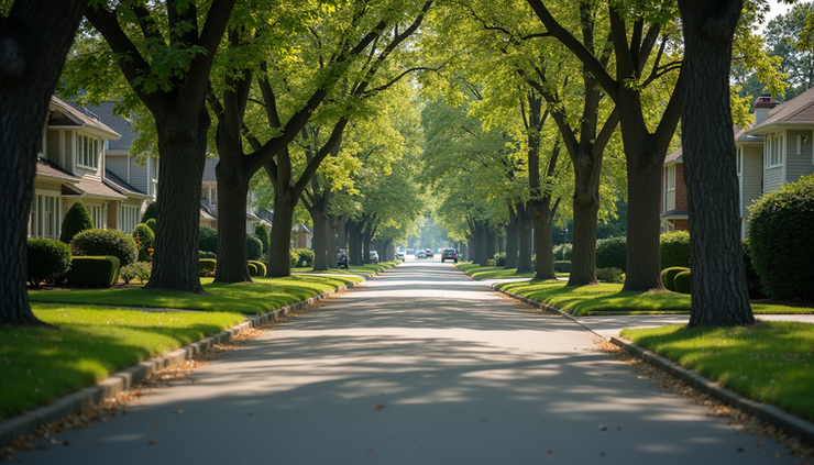 Eye-level view of a charming Spring Hill neighborhood with mature trees and well-kept homes