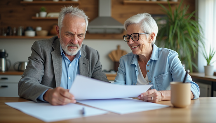 Close-up view of a senior couple reviewing real estate documents at a kitchen table